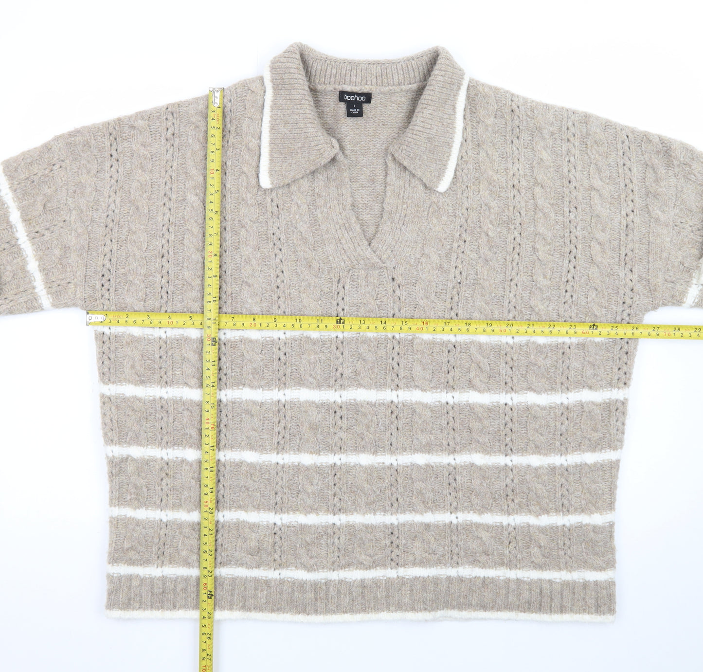 Boohoo Womens Beige Cable Knit Collared Pullover Jumper Size L
