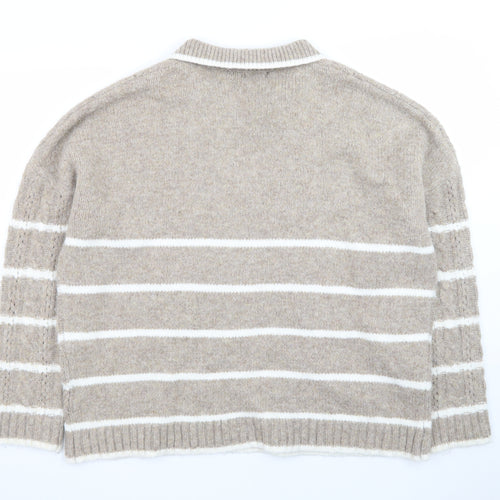 Boohoo Womens Beige Cable Knit Collared Pullover Jumper Size L