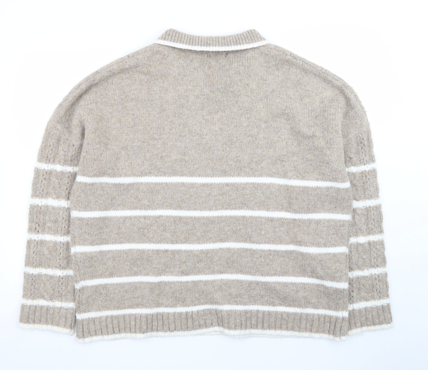 Boohoo Womens Beige Cable Knit Collared Pullover Jumper Size L