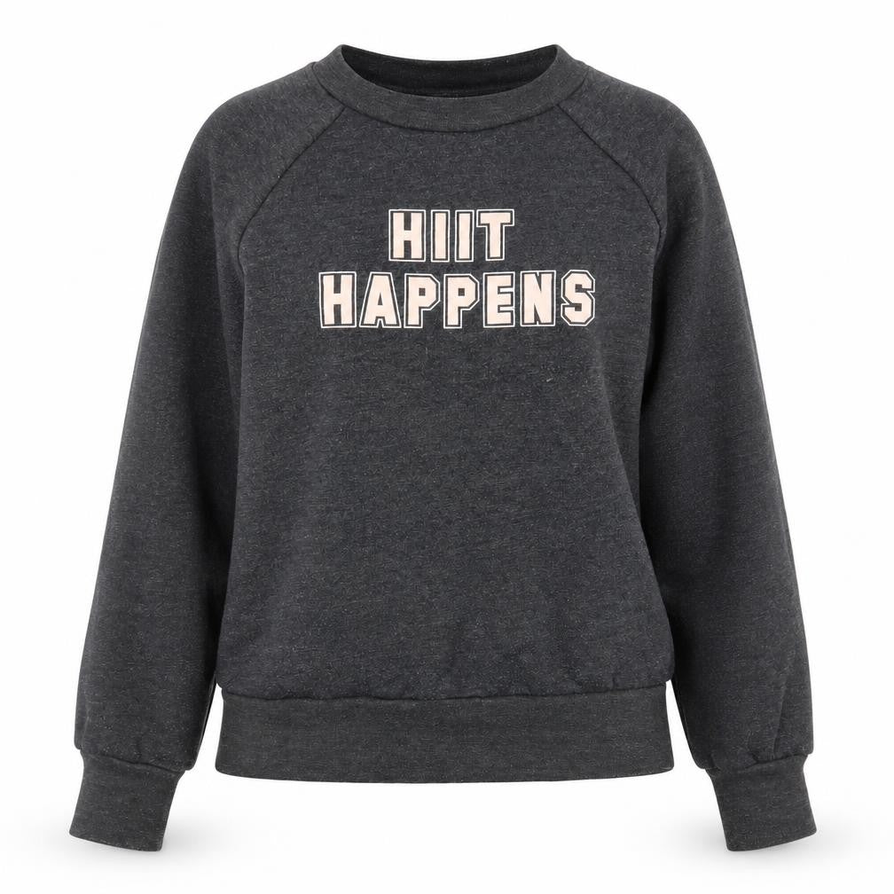Front view of Sweaty Betty women’s dark grey xs pullover sweatshirt hiit happens