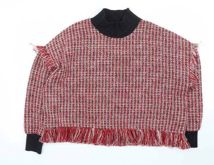 Zara Women Red High Neck Chunky Knit Wool Blend Pullover Jumper Size 12