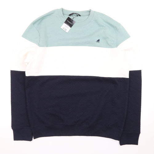 Peacocks Men's Blue Green White Colour Block Crew Neck Sweatshirt L