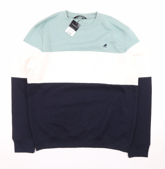 Peacocks Men's Blue Green White Colour Block Crew Neck Sweatshirt L