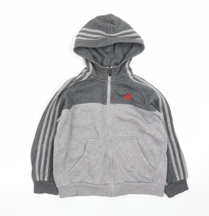Adidas Boys Grey Full Zip Hoodie 7-8 Years Fleece Lined Sportswear