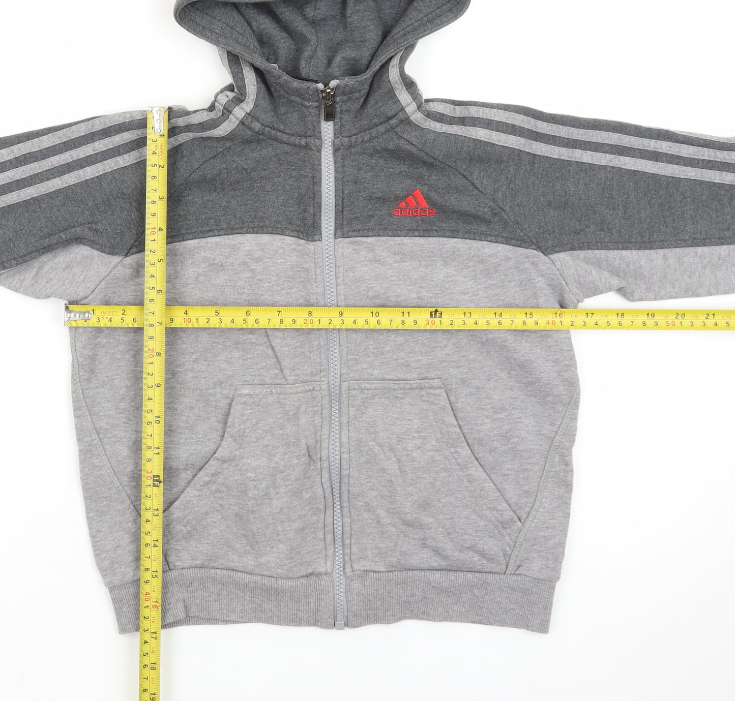 Adidas Boys Grey Full Zip Hoodie 7-8 Years Fleece Lined Sportswear