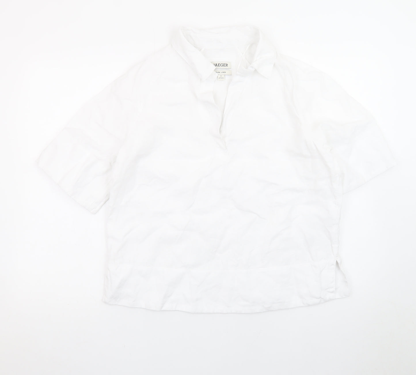 Jaeger Women’s White Linen Collared Short Sleeve Blouse Size 10