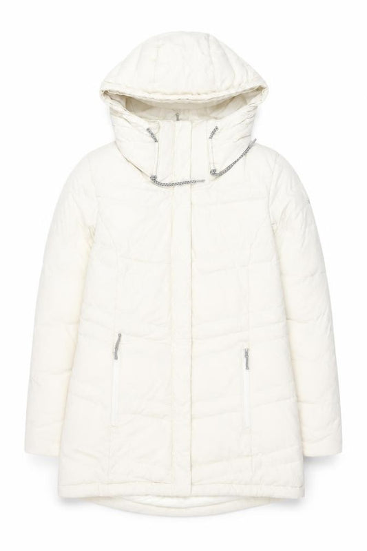 Front view of Columbia Women Ivory Long Hooded Puffer Coat L