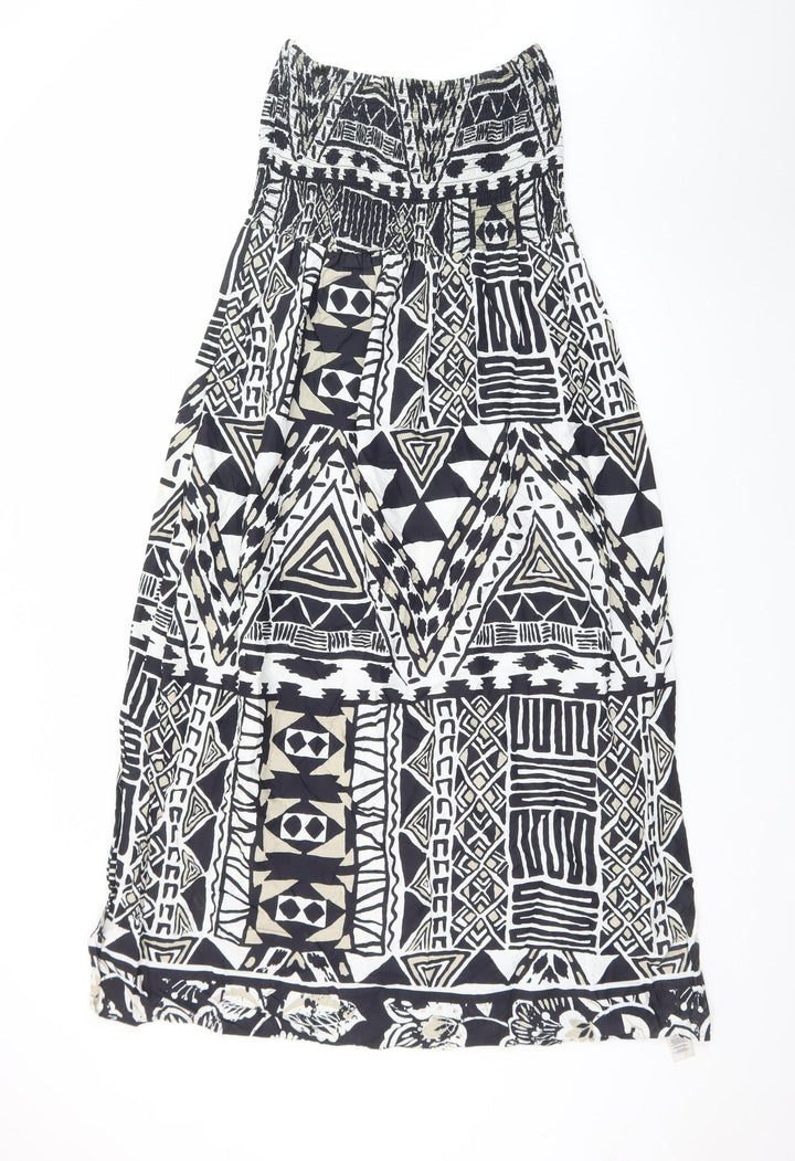Debenhams Women Black Geometric A-Line Strapless Cotton Summer Dress Size 14