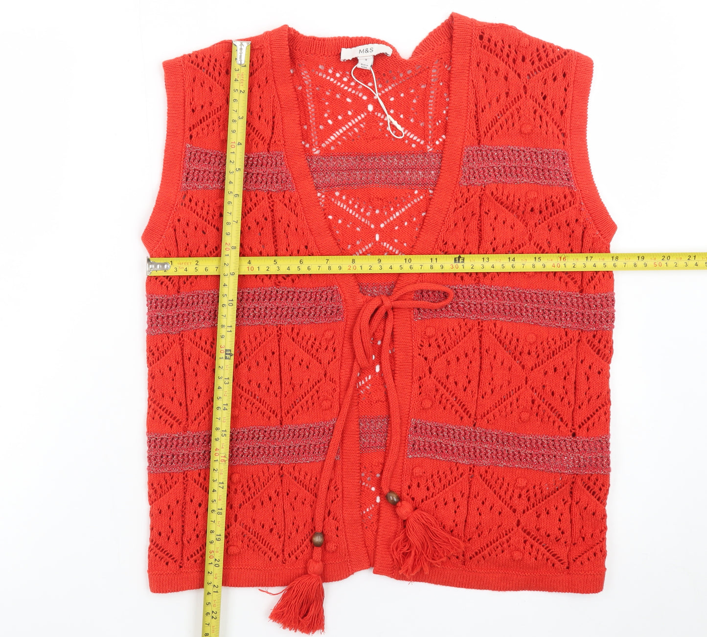 Marks and Spencer Women's Red Knit Sleeveless Tassel Vest S