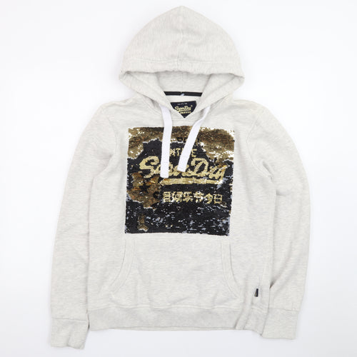 Superdry Womens Grey Sequin Hoodie UK 16 Pullover Hooded Sweatshirt