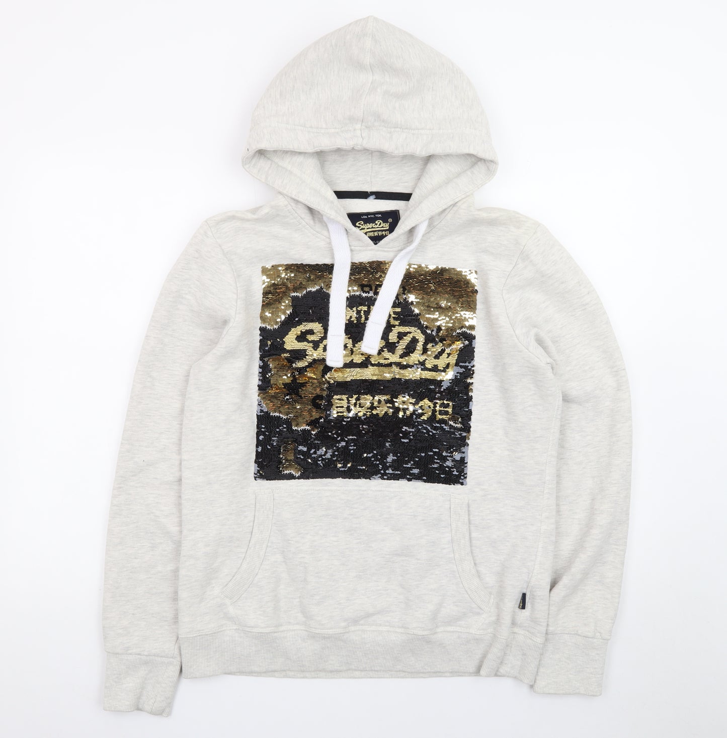 Superdry Womens Grey Sequin Hoodie UK 16 Pullover Hooded Sweatshirt