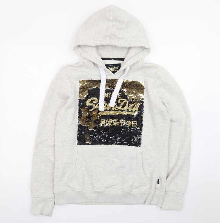 Superdry Womens Grey Sequin Hoodie UK 16 Pullover Hooded Sweatshirt