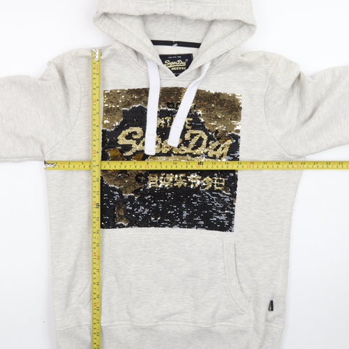 Superdry Womens Grey Sequin Hoodie UK 16 Pullover Hooded Sweatshirt