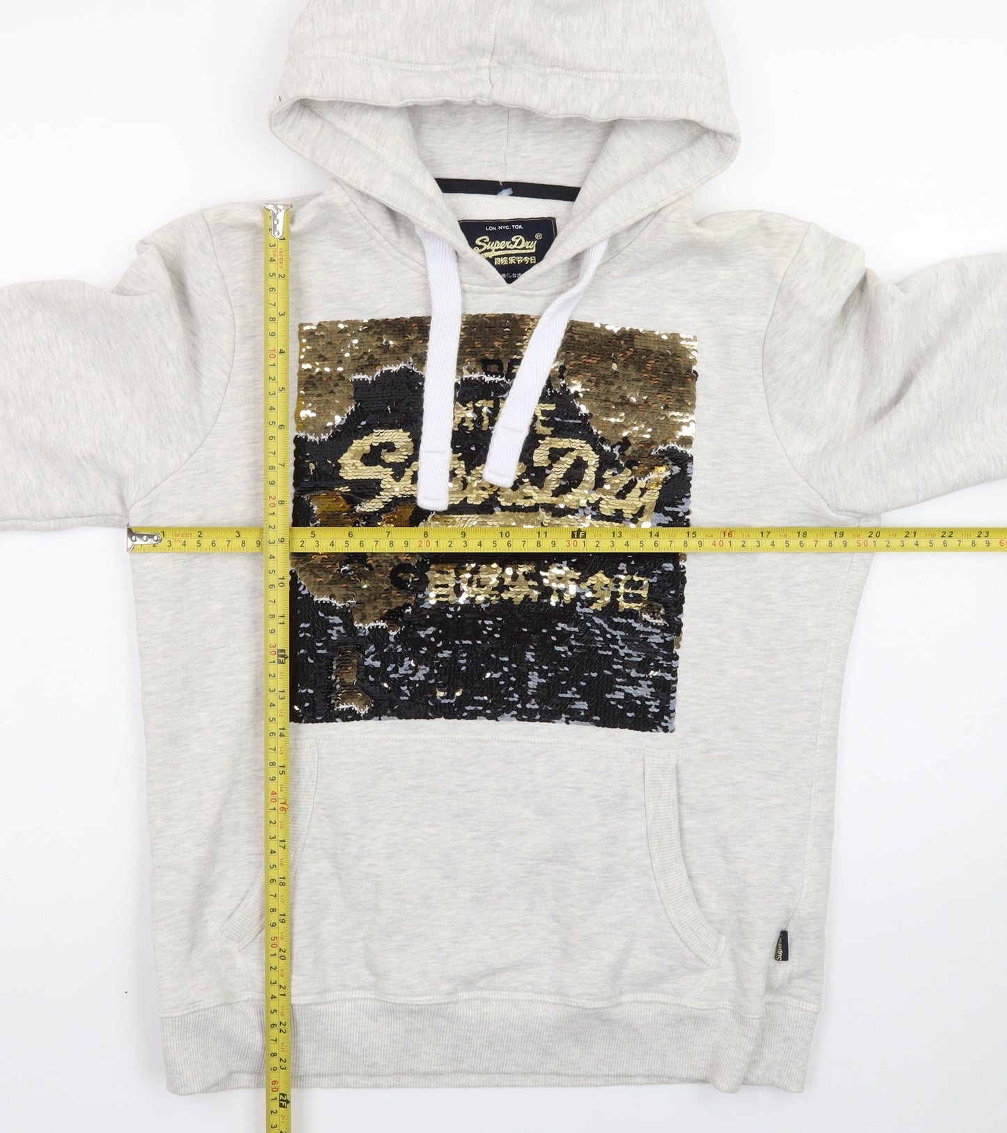 Superdry Womens Grey Sequin Hoodie UK 16 Pullover Hooded Sweatshirt