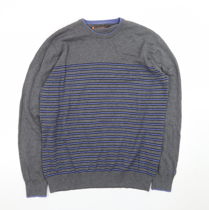 Ben Sherman Men's Grey Striped Cotton Knit Jumper XL