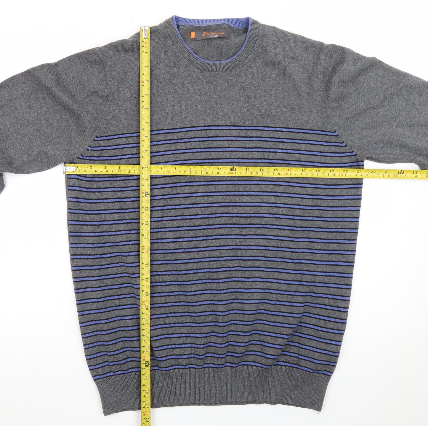 Ben Sherman Men's Grey Striped Cotton Knit Jumper XL