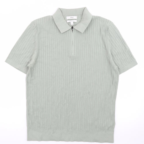 Marks and Spencer Men's Green Cotton Polo Shirt M Zip Neck