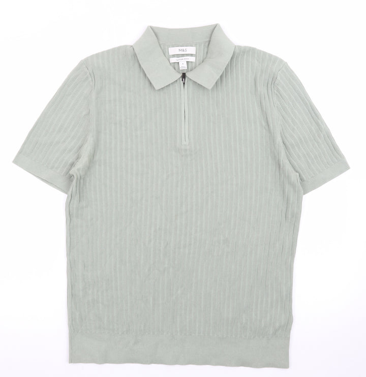 Marks and Spencer Men's Green Cotton Polo Shirt M Zip Neck