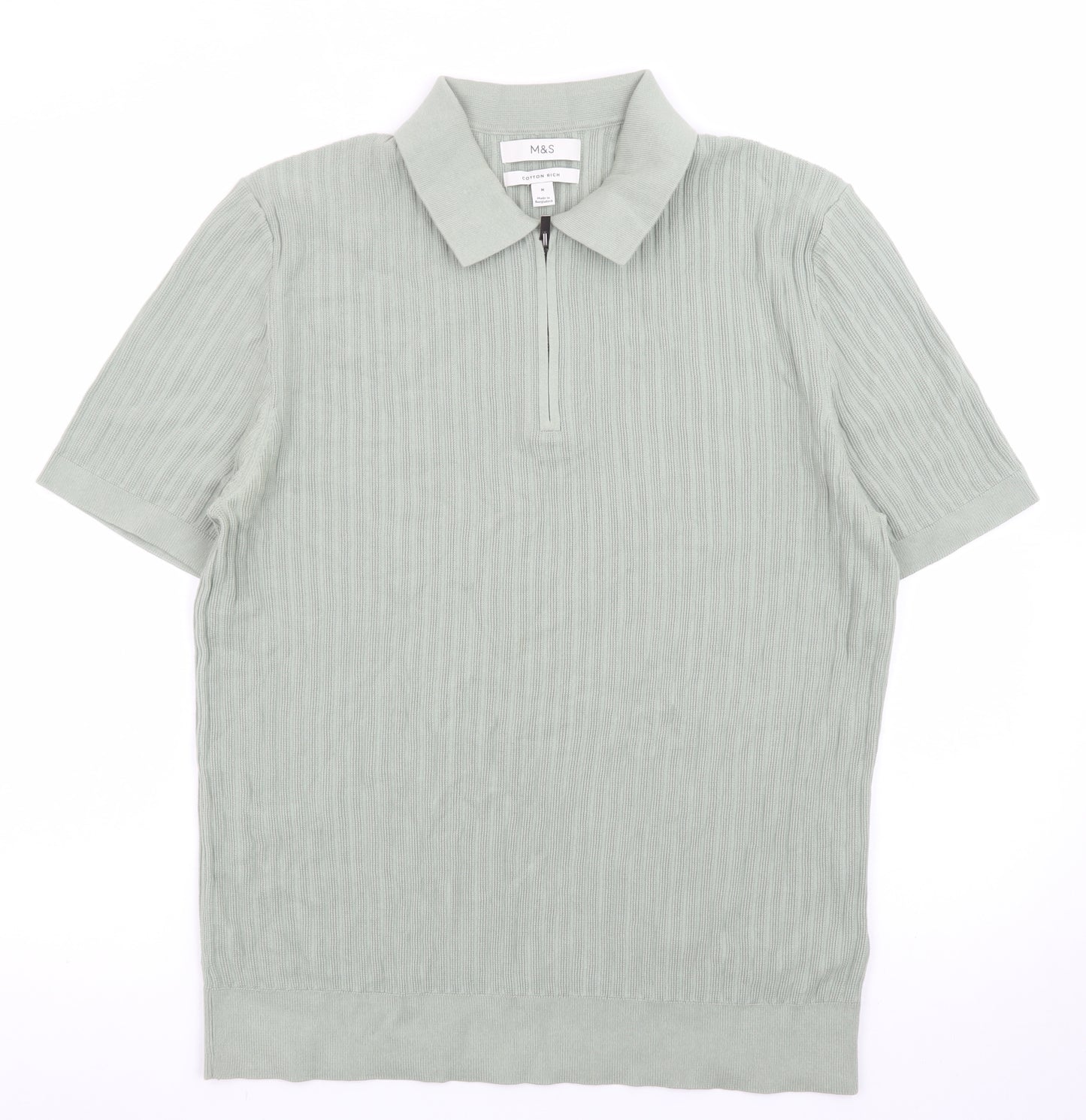 Marks and Spencer Men's Green Cotton Polo Shirt M Zip Neck