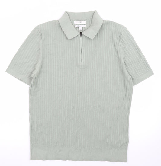 Marks and Spencer Men's Green Cotton Polo Shirt M Zip Neck