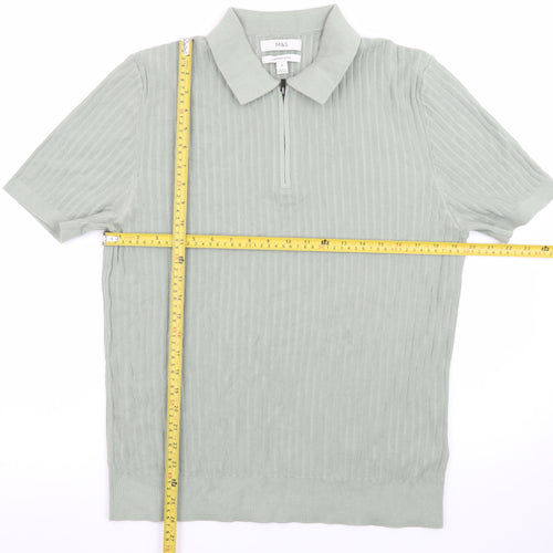 Marks and Spencer Men's Green Cotton Polo Shirt M Zip Neck