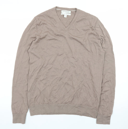 Marks and Spencer Men’s Beige Merino Wool V-Neck Jumper M