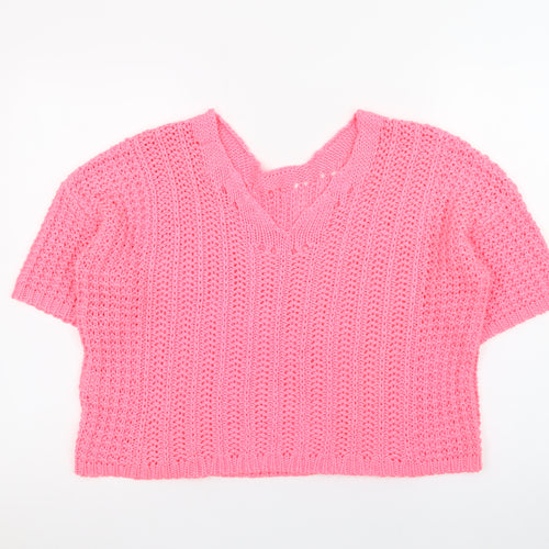 Next Women's Pink V-Neck Short Sleeve Acrylic Knit Jumper Size M