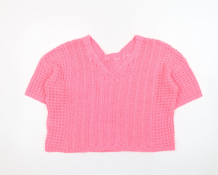 Next Women's Pink V-Neck Short Sleeve Acrylic Knit Jumper Size M