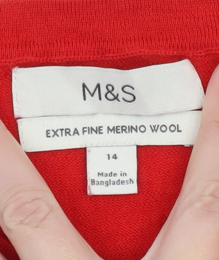 Marks and Spencer Women's Red Merino Wool Crew Neck Jumper Size 14