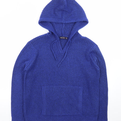 Marks and Spencer Women's Blue Hooded V-Neck Ribbed Knit Jumper Size L