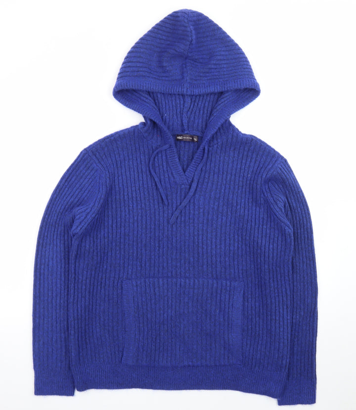 Marks and Spencer Women's Blue Hooded V-Neck Ribbed Knit Jumper Size L