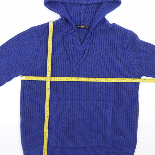 Marks and Spencer Women's Blue Hooded V-Neck Ribbed Knit Jumper Size L