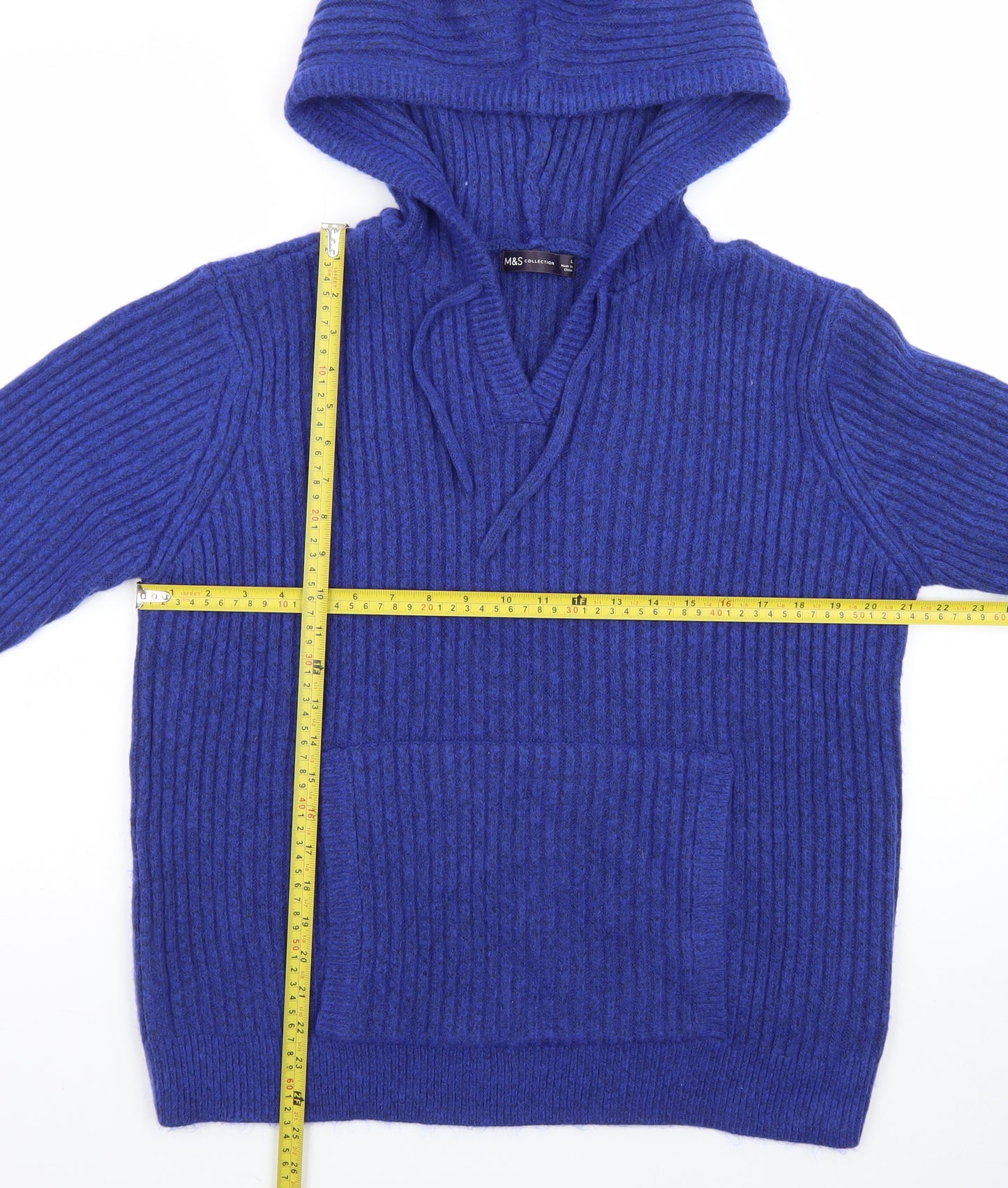 Marks and Spencer Women's Blue Hooded V-Neck Ribbed Knit Jumper Size L