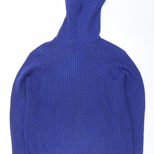 Marks and Spencer Women's Blue Hooded V-Neck Ribbed Knit Jumper Size L