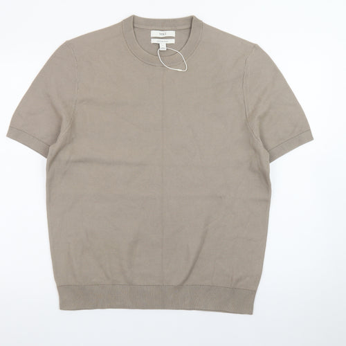 Marks and Spencer Men's Beige Cotton Rich Crew Neck Short Sleeve T-Shirt Size L