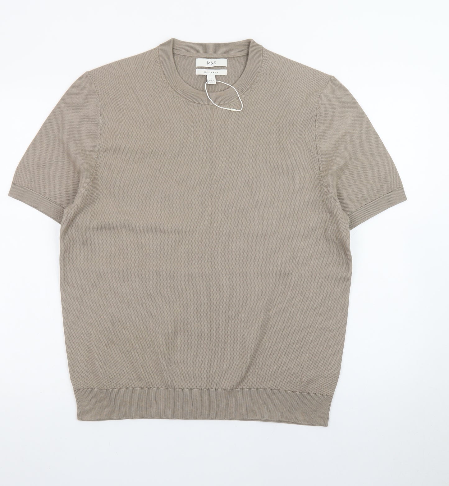 Marks and Spencer Men's Beige Cotton Rich Crew Neck Short Sleeve T-Shirt Size L