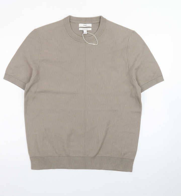 Marks and Spencer Men's Beige Cotton Rich Crew Neck Short Sleeve T-Shirt Size L