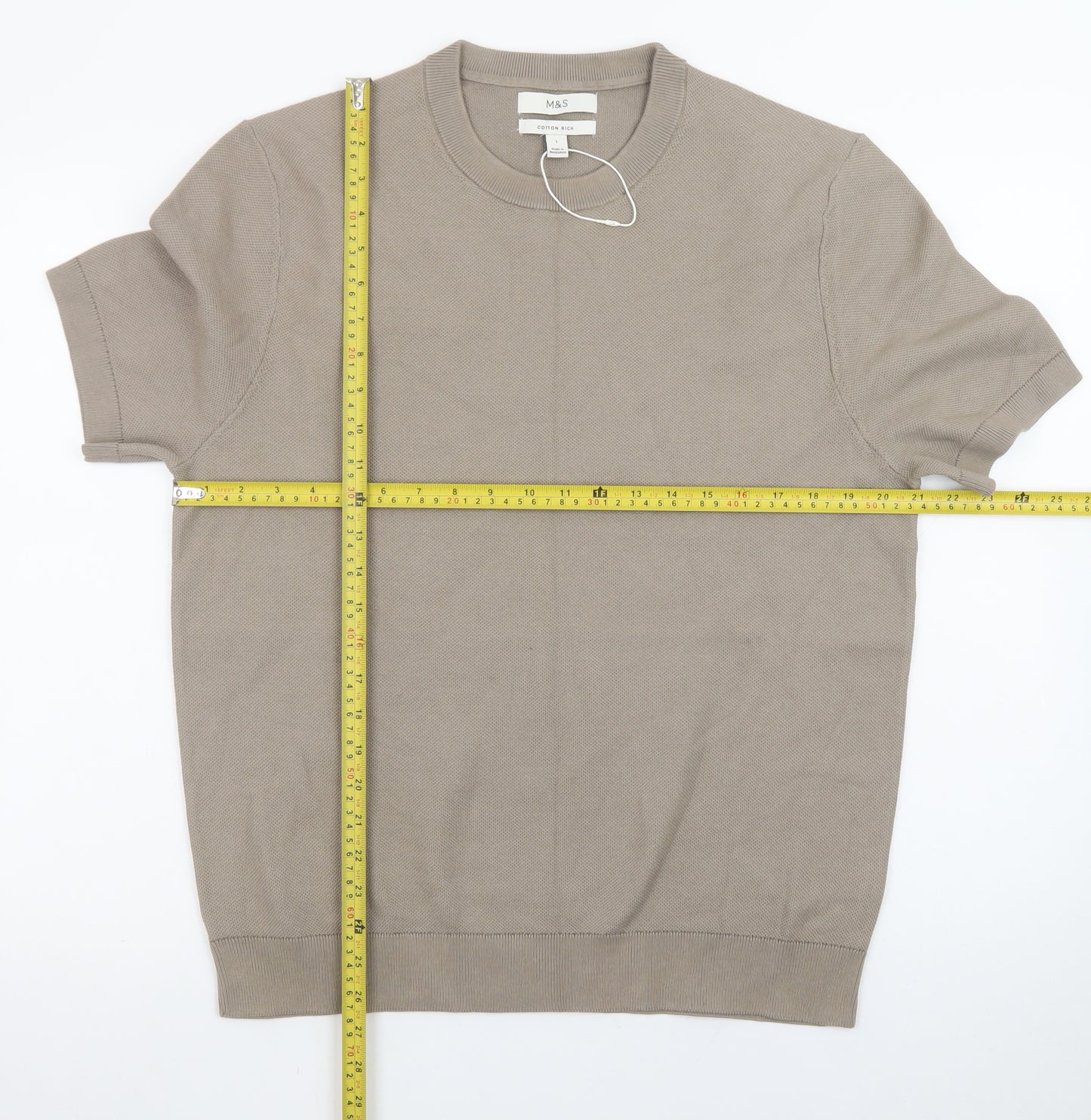 Marks and Spencer Men's Beige Cotton Rich Crew Neck Short Sleeve T-Shirt Size L