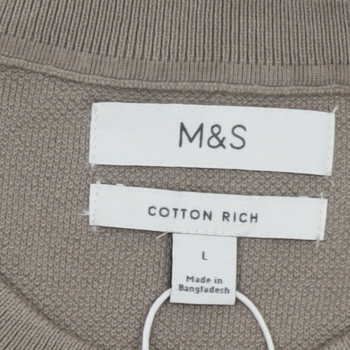 Marks and Spencer Men's Beige Cotton Rich Crew Neck Short Sleeve T-Shirt Size L