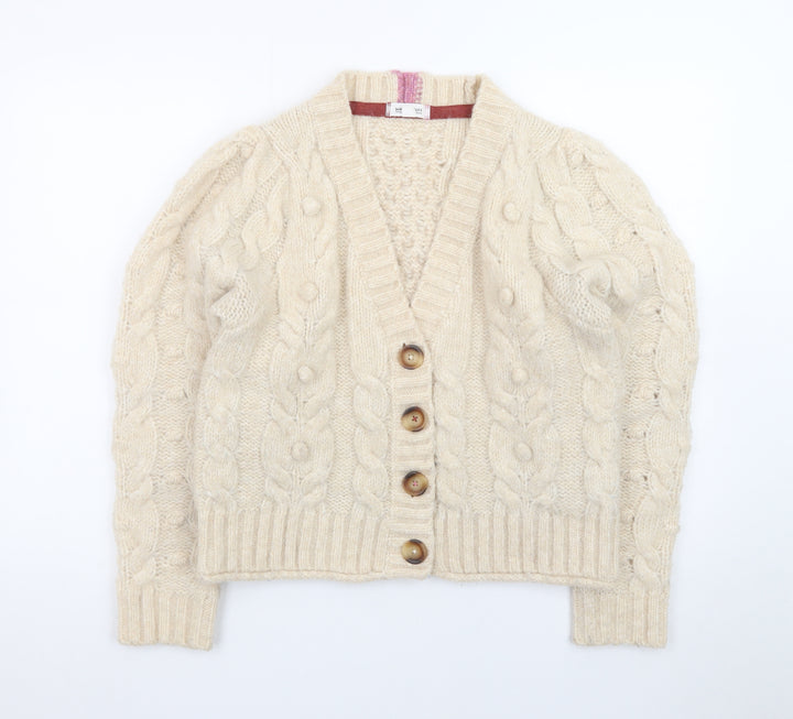 White Stuff Women Beige Cable Knit Cardigan UK 12 Wool Blend