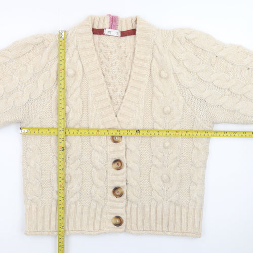White Stuff Women Beige Cable Knit Cardigan UK 12 Wool Blend