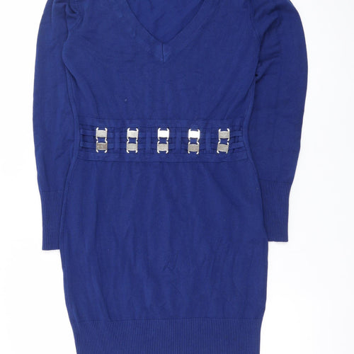 Cashel Women's Blue Knit Jumper Dress L with Buckle Detail