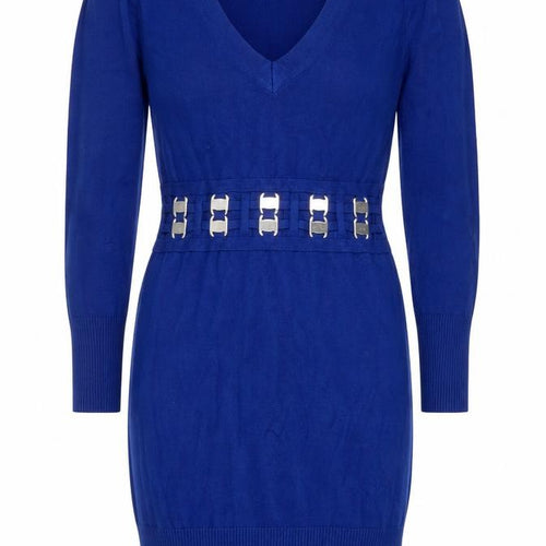 Cashel Women's Blue Knit Jumper Dress L with Buckle Detail