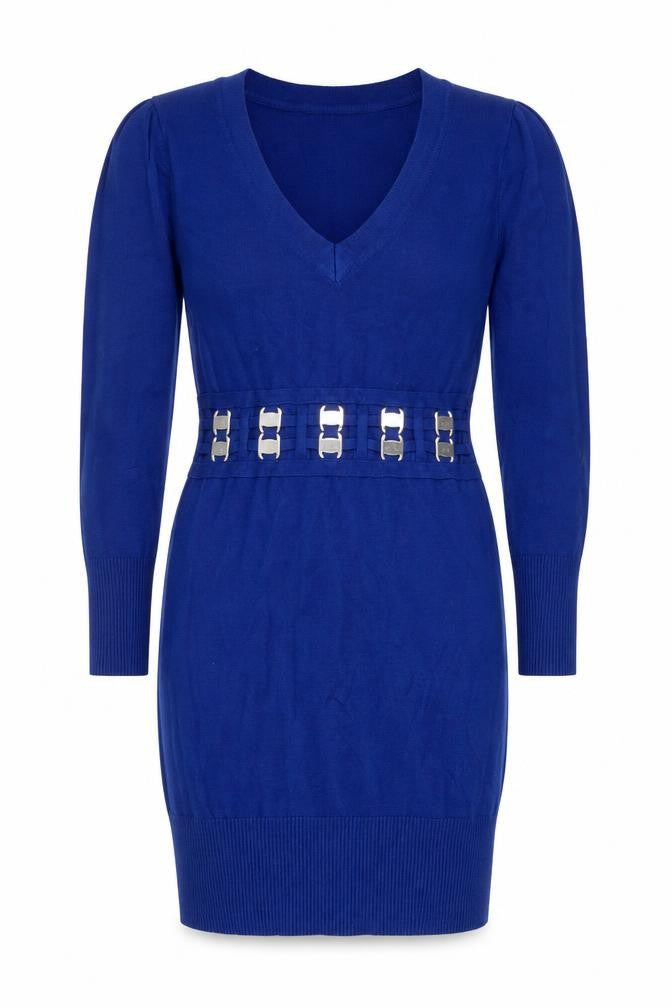 Cashel Women's Blue Knit Jumper Dress L with Buckle Detail