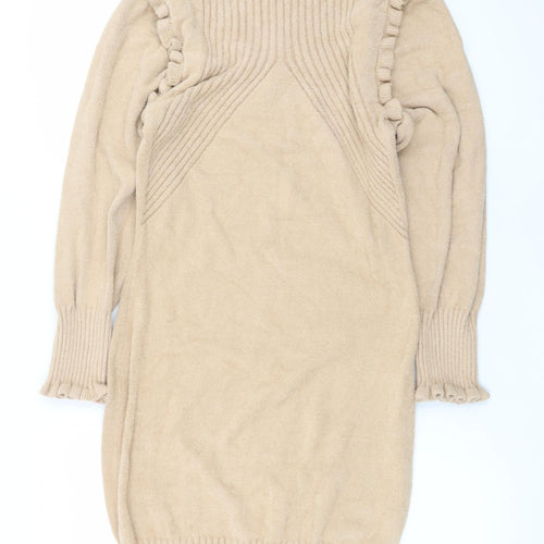 Cashel Women Beige Knit High Neck Ruffle Long Sleeve Sweater Dress L