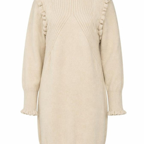 Cashel Women Beige Knit High Neck Ruffle Long Sleeve Sweater Dress L
