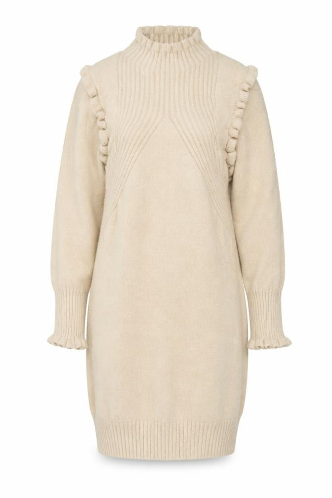 Cashel Women Beige Knit High Neck Ruffle Long Sleeve Sweater Dress L