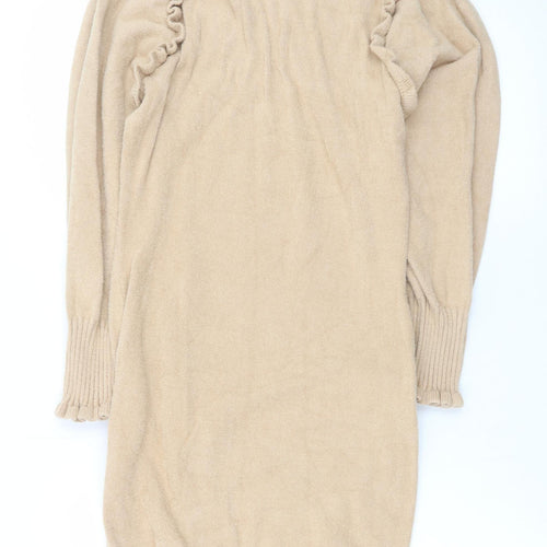 Cashel Women Beige Knit High Neck Ruffle Long Sleeve Sweater Dress L