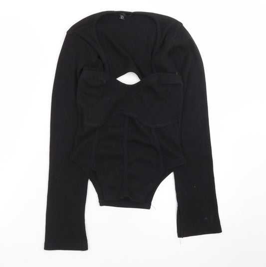 Missguided Women’s Black Ribbed Long Sleeve Cropped Bodysuit UK 8