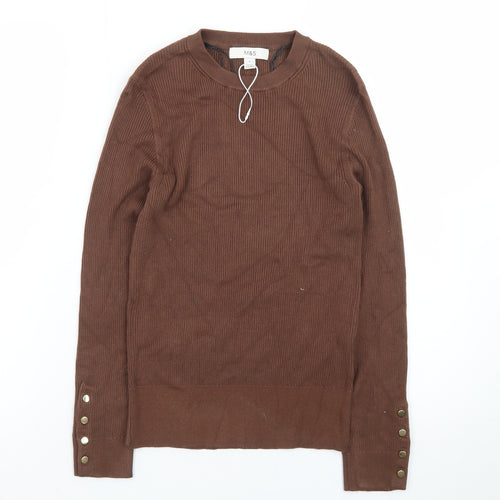 Marks and Spencer Women Brown Size 8 Crew Neck Rib-Knit Jumper